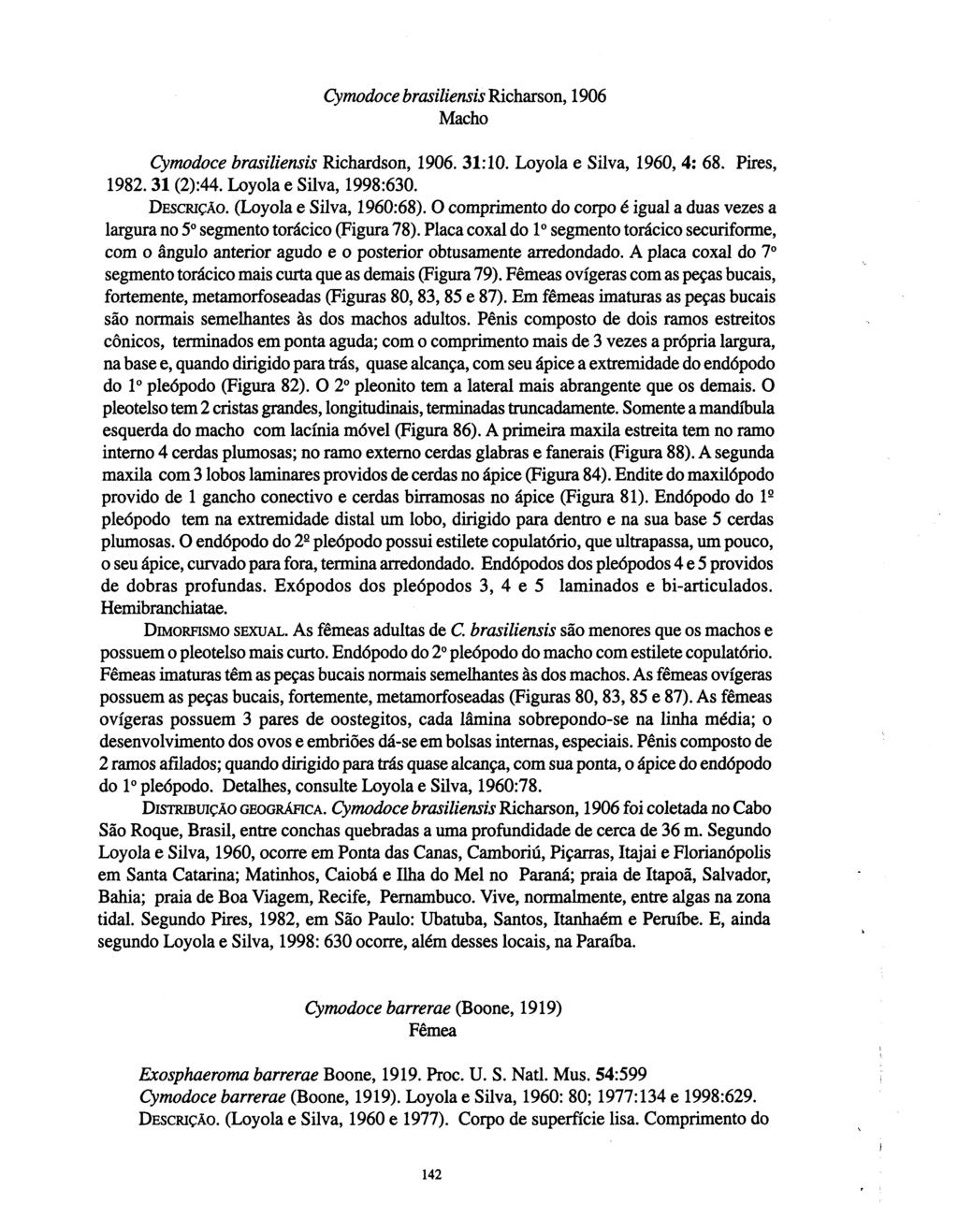 Cymodoce brasiliensis Richarson, 1906 Macho Cymodoce brasiliensis Richardson, 1906. 31:10. Loyola e Silva, 1960, 4: 68. Pires, 1982.31 (2):44. Loyola e Silva, 1998:630. DESCRIÇÃO.