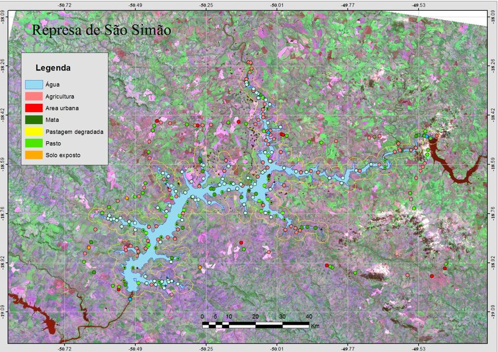 Além dos pontos levantados nas margens da represa, também foram repassados cento e oito pontos no entorno da represa, como apresentado na figura abaixo.