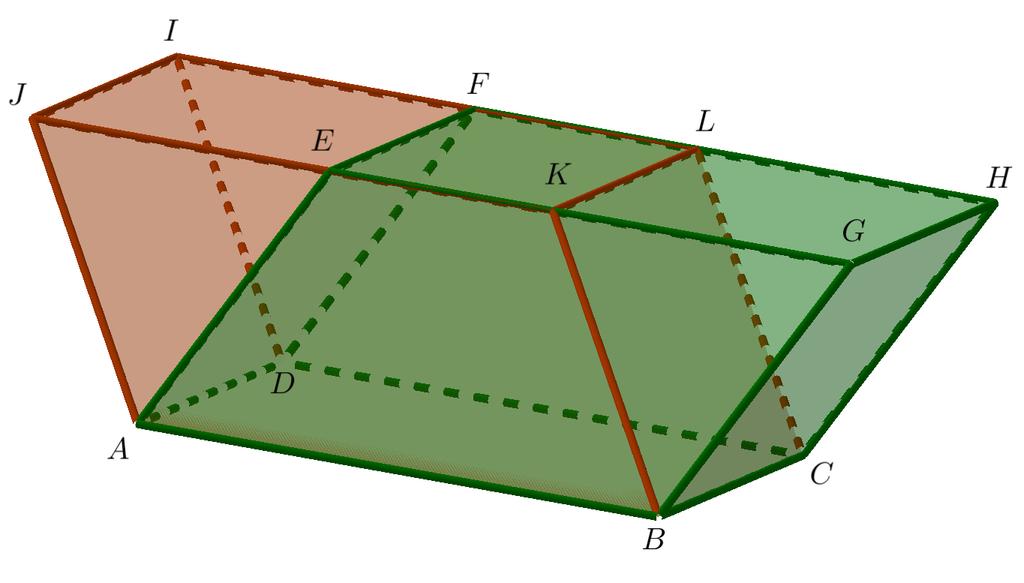 Figura.5: Paralelogramo EFLK comum aos paralelepípedos ABCDFEGH e ABCDIJKL. Fote: Próprio autor o software Geogebra.