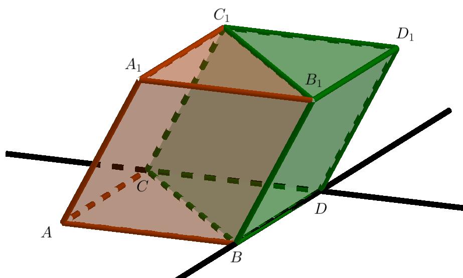 Figura 3.: Prisma ABCA 1 B 1 C 1 e paralelepípedo ABCDA 1 B 1 C 1 D 1. Fote: Próprio autor o software Geogebra. O plao F, que cotém a base do coe K, será cosiderado horizotal.