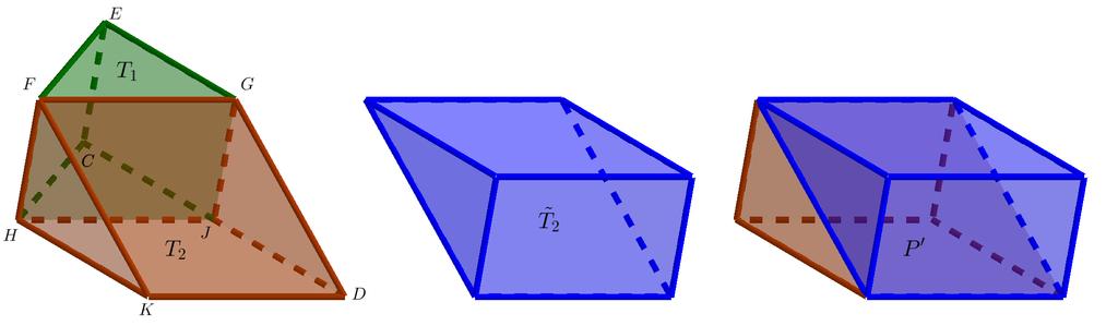 Figura 3.5: Pirâmides ABCD, AEFG e FBKH e prismas T 1 e T. Fote: Próprio autor o software Geogebra.