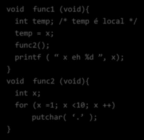 = 100; func1(); } void func1 (void){ int temp; /* temp é local */ temp = x; func2();