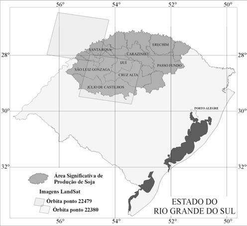 Figura 1. Região de maior produção de Soja no Rio Grande do Sul com a localização das imagens LANDSAT e pontos de coleta de informações a campo.