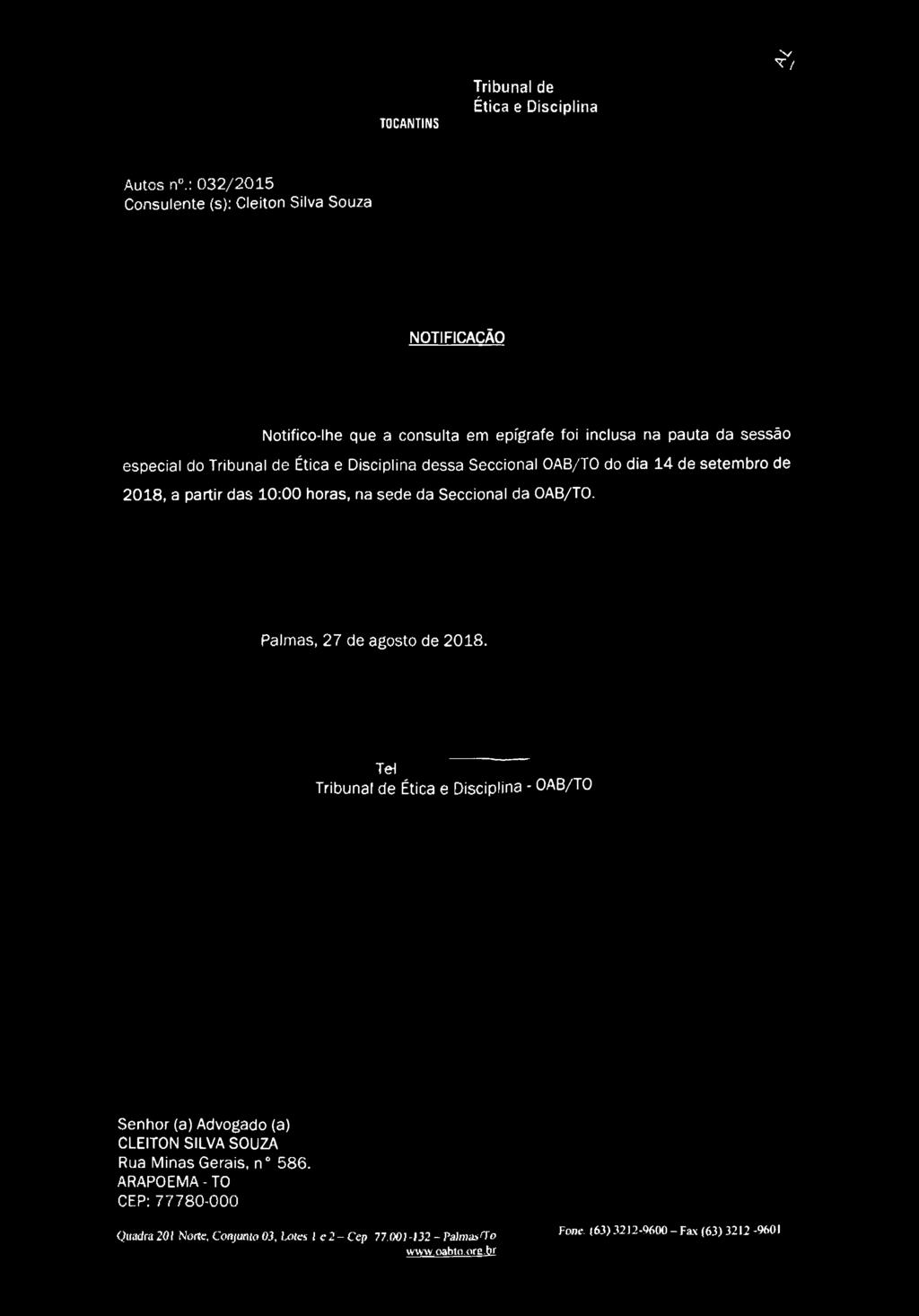 consulta em epígrafe foi inclusa na pauta da sessão especial do dessa Seccional OAB/TO do