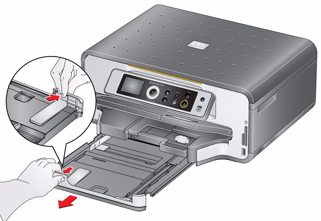 Impressora Multifuncional KODAK ESP série 7200 4. Pressione o extensor da bandeja de papel e puxe a bandeja de papel até que ela esteja totalmente estendida. Extensor da bandeja de papel 5.