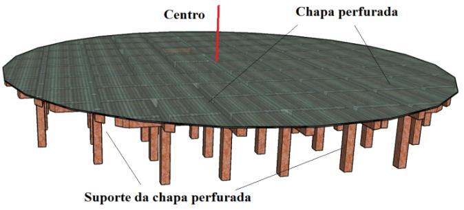 Figura 88 - Detalhe do posicionamento do fundo perfurado sobre o suporte. Figura 89 - Detalhe da formação da base do secador (câmara plenum, transição e ventilador).