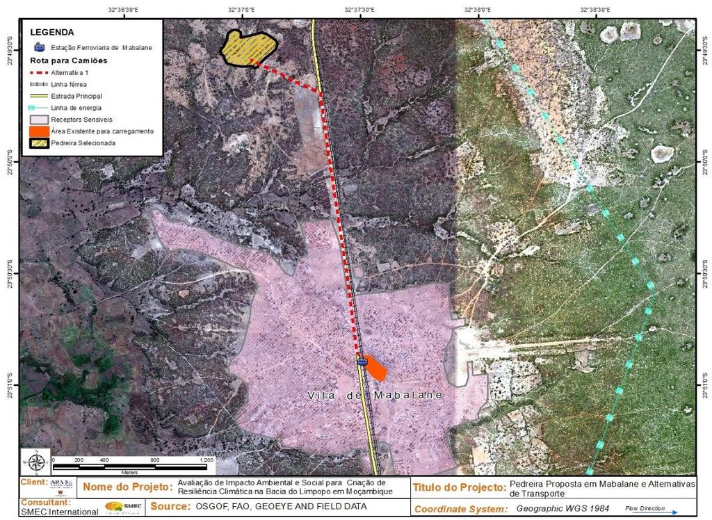 Figura 3-12 Alternativa 1 e receptores sensíveis Tabela 5: Sumário das alternativas preferidas e potenciais impactos Alternativas Boane: Alternativas consideradas 1, 2, 3, 4 e 5 Moamba: Alternativas