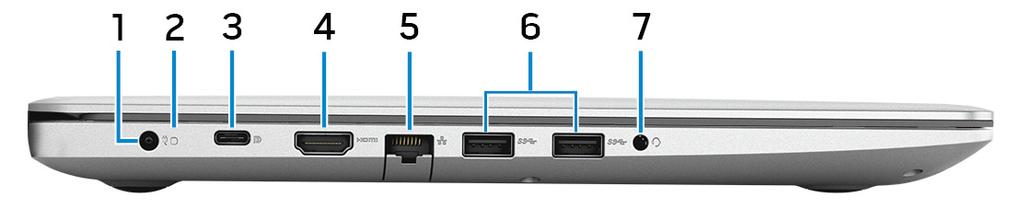 Exibições Esquerda 1 Porta do adaptador de energia Conecte um adaptador de energia para fornecer energia ao computador e carregar a bateria.