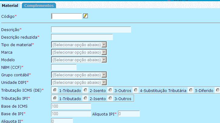 opção suprimentos: Cadastro básico / regras de negócios Estoque Materiais Selecionar a ultima opção, pressionar F2 e