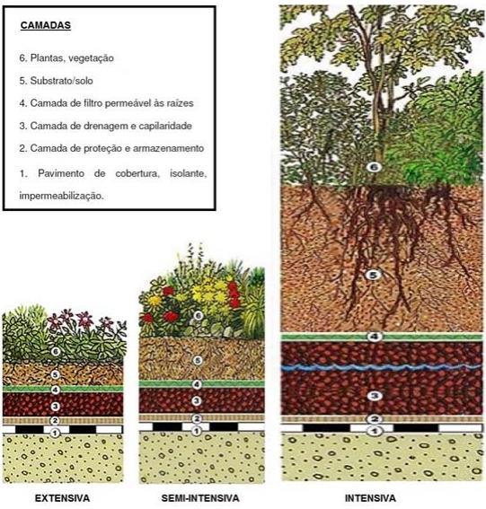 19 Segundo a International Green Roof Association (2013), há três tipos de coberturas verdes: extensiva, semi-intensiva e intensiva.