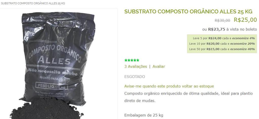 nutrientes custa: 167 * R$ 368 = R$ 61544,51. O preço do saco de comporto orgânico com 25 kg tem um custo de R$ 30,00.