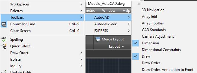 1.9. Configuração das barras de ferramentas Para exibir/ocultar as barras de ferramentas selecione: Tools Toolbars - AutoCAD Não é recomendável ativar todas as