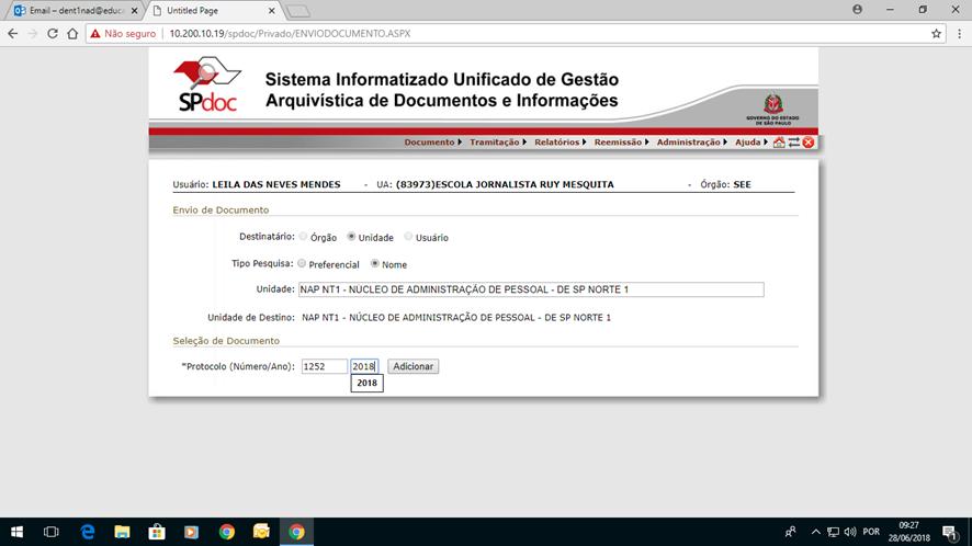 2º Esses Processos/documentos já cadastrados pela Diretoria, devem ser Tramitados/ Enviados da UE para a Diretoria também via sistema.