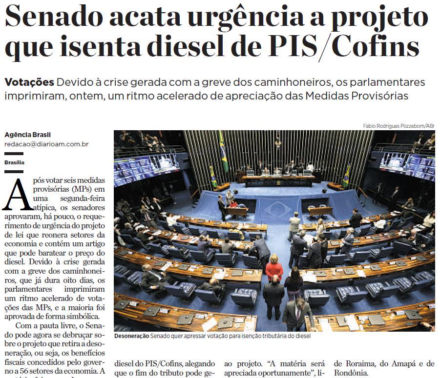 Título: Senado acata urgência a projeto que isenta diesel de PIS/Cofins