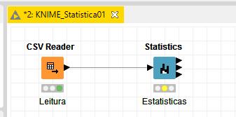 Assim, as estatísticas descritivas para as variáveis contidas no arquivo em análise podem ser obtidas conectando o nó de leitura de base de dados ao nó Statistics e