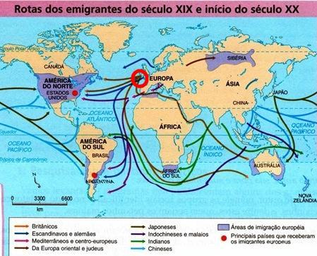 principalmente, de saída de europeus rumo a diferentes partes do mundo, como consequência das más condições de vida e do excedente demográfico existentes nesse continente.