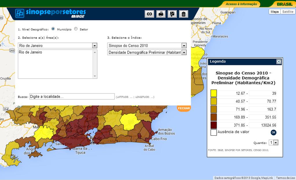 3. Podemos também visualizar resultados do censo em mapas. Acesse o portal http://www.censo2010.ibge.gov.br/sinopseporsetores/. Em seguida, digite as informações conforme a figura abaixo.