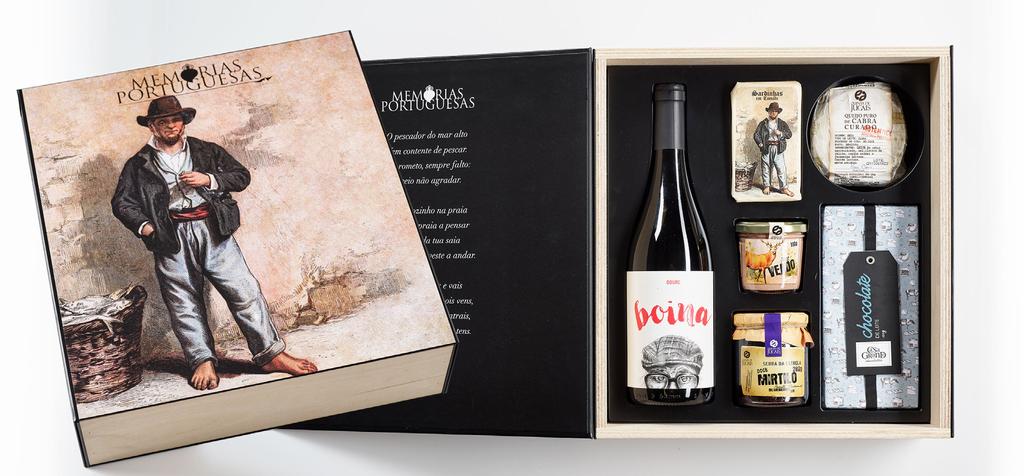 GIFT BOX CASTELO DE SÃO JORGE 35,87 IVA NÃO INCLUÍDO Coffret O Pescador Memórias Portuguesas Vinho Tinto Douro Boina Queijo Puro de Cabra Curado Sardinhas em Tomate O Pescador Memórias Portuguesas