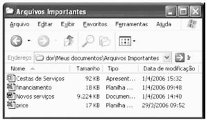 INFORMÁTICA A figura acima mostra uma janela do Windows XP, contendo informações acerca de uma lista de arquivos. Com relação a essa janela e ao Windows XP, responda a questão 01.