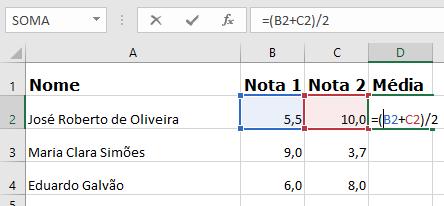 Foi necessário inserir a soma da nota 1 com a nota 2 entre parênteses para depois realizar a