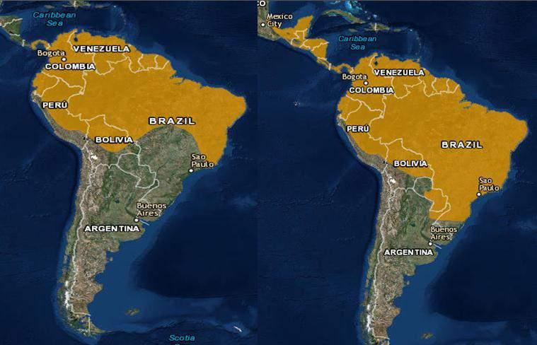 2 A B Figura 1. Mapa da distribuição geográfica das espécies Carollia brevicauda (A) e Carollia perspicillata (B).