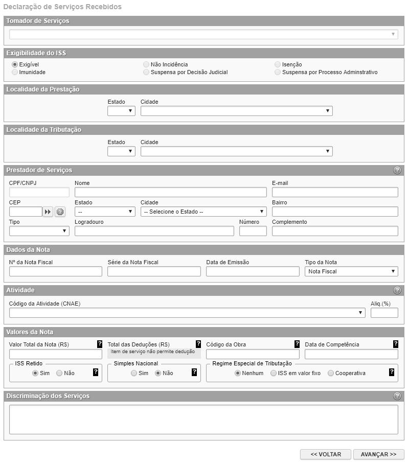 Página 6 de 21 Após clicar no botão AVANÇAR, o sistema mostrará o formulário de Declaração de Serviços Recebidos.
