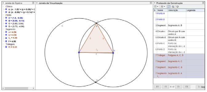 Em seguida, construa uma outra circunferência cujo centro é o ponto B passando pelo ponto A; Utilizando o esquadro trace uma reta perpendicular ao segmento AB, com origem no ponto B, em seguida trace