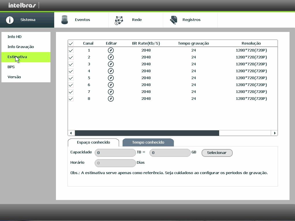 Info gravação: contém informações referentes aos períodos de gravações relacionados ao HD instalado no equipamento.