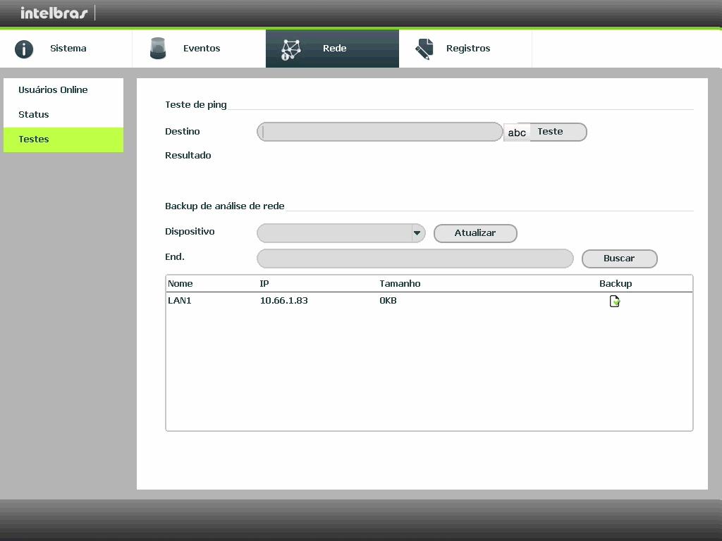 Análise ICMP (teste de ping): para uma análise ICMP ou Ping, de modo a avaliar tempo médio de envio e perda de pacotes, basta informar um IP no campo Destino e pressionar o botão Teste.