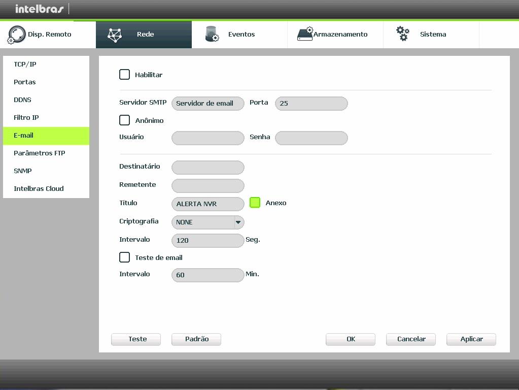 E-mail Clique no item E-mail para acessar a interface de configuração do envio de notificações via e-mail, nas configurações de rede.