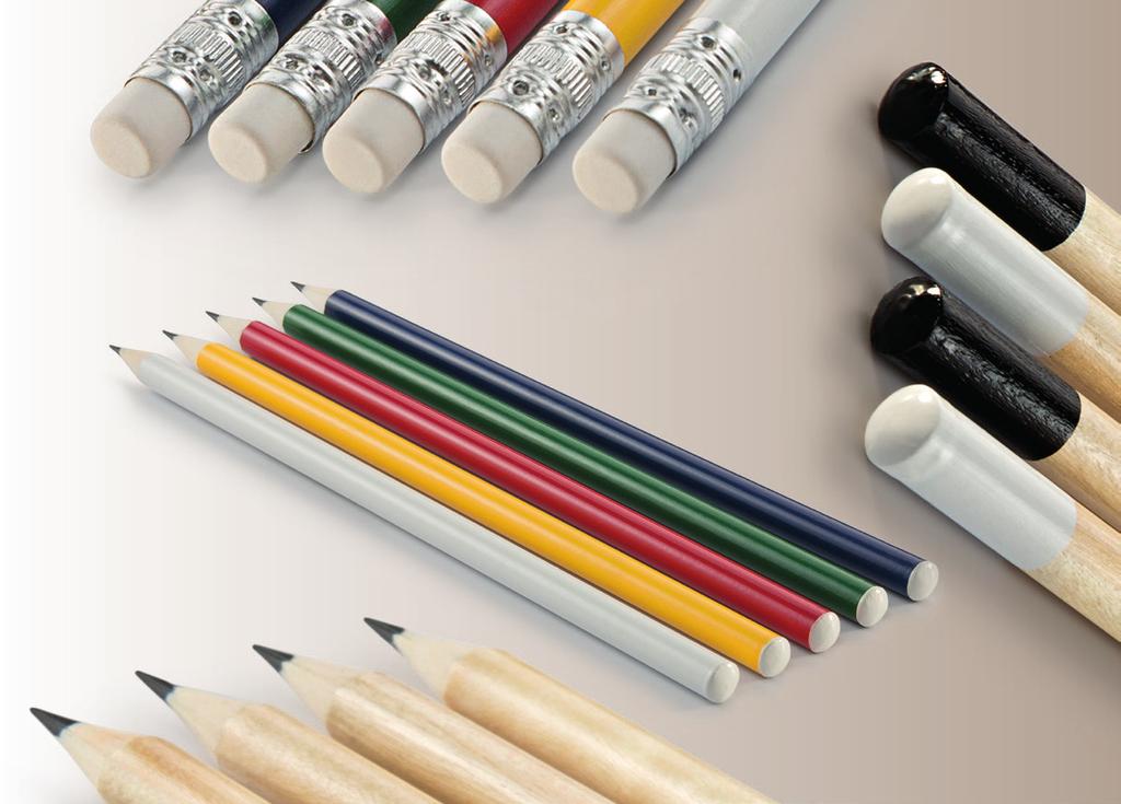 Lápis Lápis de madeira natural disponível em cinco cores, com borracha branca e guarnição prata. Lápis de madeira natural, cor natural, com dipping branco ou preto.