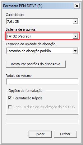 Em Sistema de arquivos, escolha a opção FAT32 e clique em Iniciar; 3. Pronto!