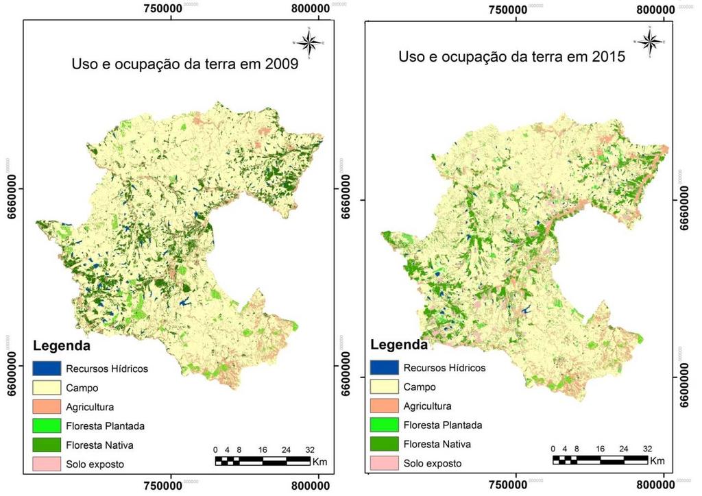 FIGURA 2 - Distribuição espacial das classes de uso e ocupação da terra nos anos de 2009 e 2015.