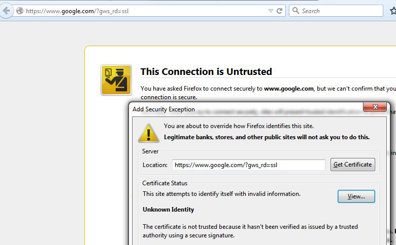 Note: Você verá a página acima se o certificado próprio não é confiado e o certificado de CA de assinatura não está confiado por seu navegador.