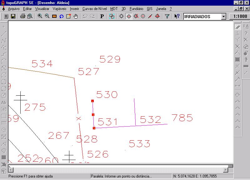 Iniciando o Sistema topograph 98 SE Módulo Topografia 8. Selecione a linha formada pelos pontos 530 531. 9. Clique no botão direito do mouse para mostrar o menu flutuante.