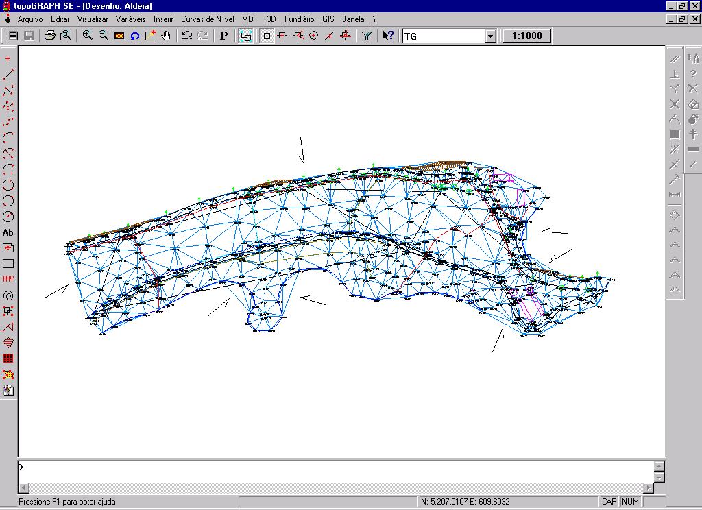 Módulo Topografia Iniciando o Sistema topograph 98SE 6. Para apagar lados de triângulos, vá até o menu Curvas de Nível e escolha a opção Malha Triangular Apagar Lados. 7.