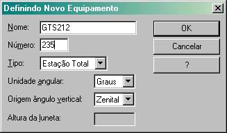 Módulo Topografia Iniciando o Sistema topograph 98SE 2. Clique no botão Novo para incluir um novo equipamento.