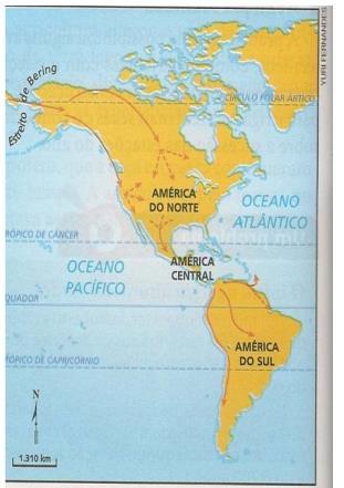 Questão 22 - O mapa ao lado representa uma das explicações para a chegada do homem de origem asiática ao continente americano.