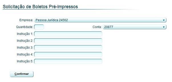 Em seguida, o usuário deverá selecionar a empresa e a conta corrente a qual os boletos serão vinculados e informar a quantidade desejada de boletos a serem emitidos.