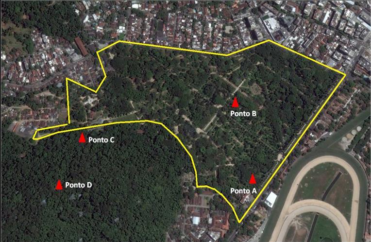 Figura 2 - Distribuição dos quatro pontos de captura de Calliphoridae no período de julho de 2014 a junho e 2015 e delimitação