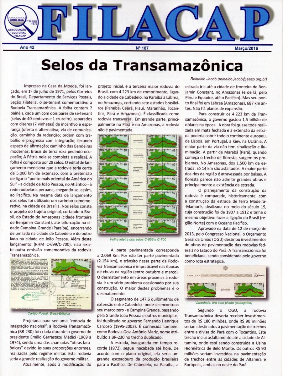 NOTÍCIAS E INFORMAÇÕES *FILACAP 187- Já em circulação a edição de março/2016 deste jornal inteiramente dedicado ao colecionismo.