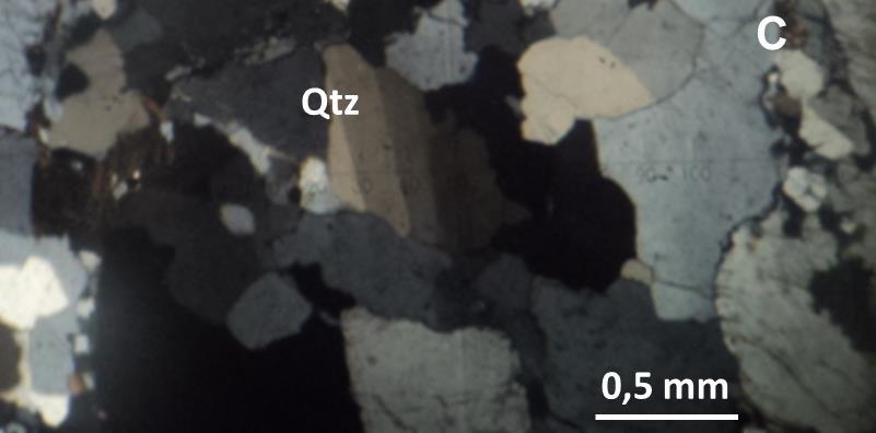 Petrologia e Mineralogia - Volume 1 Figura 7. A) Bulging em cristal de quartzo (LP); B) Cristal de quartzo com feição tipo bulging (LP); C) Bandas de deformação em cristal de quartzo (LP).