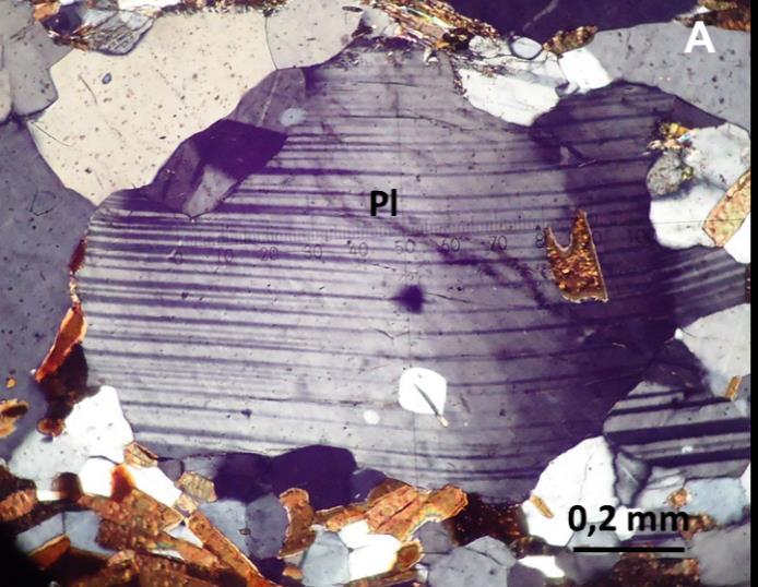 Petrologia e Mineralogia - Volume 1 Extinção ondulante em feldspato (Figura 11 A) pode ocorrer em condições de baixo a médio grau metamórfico (400 500 ºC), mas a presença de subgrãos ocorre em