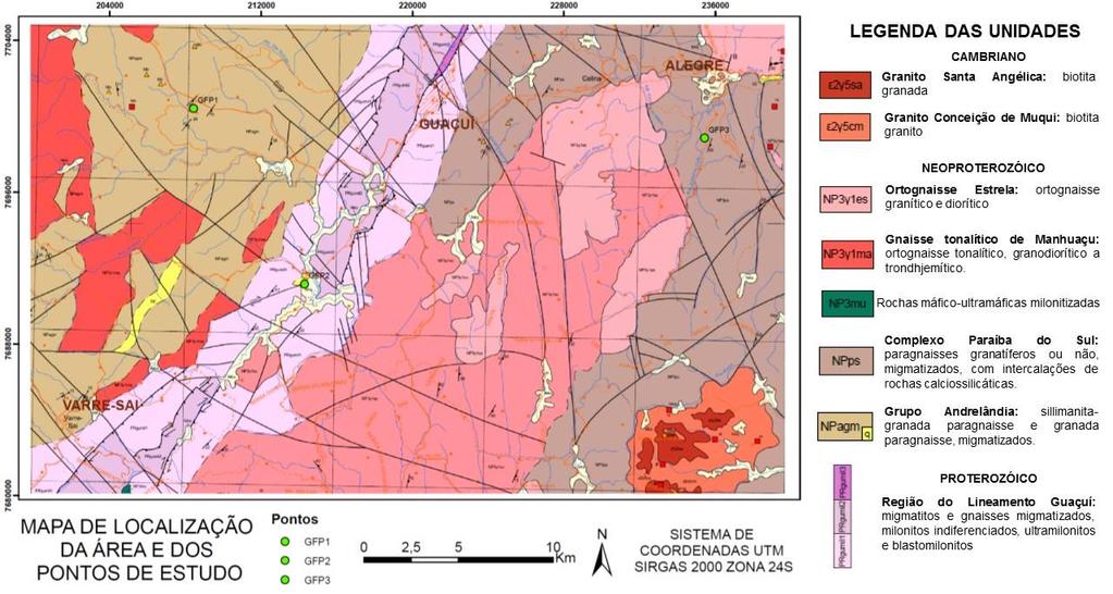 Petrologia e Mineralogia - Volume 1 Figura 3.Localização dos pontos de estudo em recorte da carta geológica SF.24-V-A-IV Espera Feliz (Fonte: modificado de HORN et al., 2007).