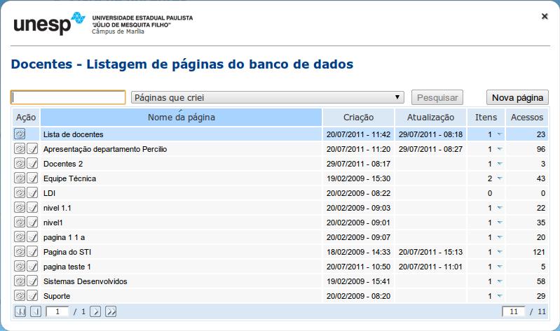 Listagem de páginas do banco de dados Opções de pesquisa de Páginas Opções de ordenação Paginação Atual