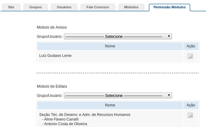 Permissão Módulos: usado definição de