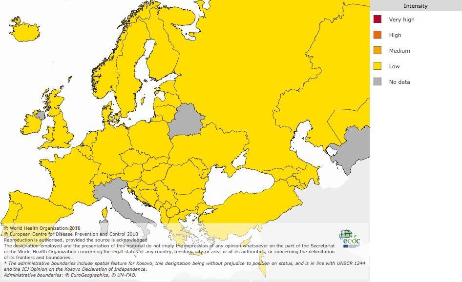 Situação internacional: Europa Na semana 41/218 todos os países e regiões que reportaram dados de atividade gripal referiram níveis de atividade gripal não epidémicos.