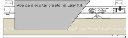Kit 2 portas: 1 trilho em alumínio, 1 sanefa em alumínio anodizado, 4 rodízios, 4 chapas de suporte, 2 guias inferiores, 2