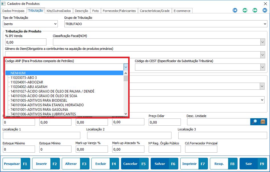 Implementação do Código ANP - Inclusão de código ANP para venda de combustíveis e lubrificantes no cadastro de produtos aba tributação; o campo é carregado em forma de tabela (código seguido de
