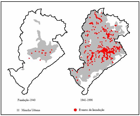 - 28 - Figura 2.4 Relação entre o aumento dos eventos de inundação e o processo de urbanização em Belo Horizonte/MG. Fonte: Lima-Queiroz et al. (23).